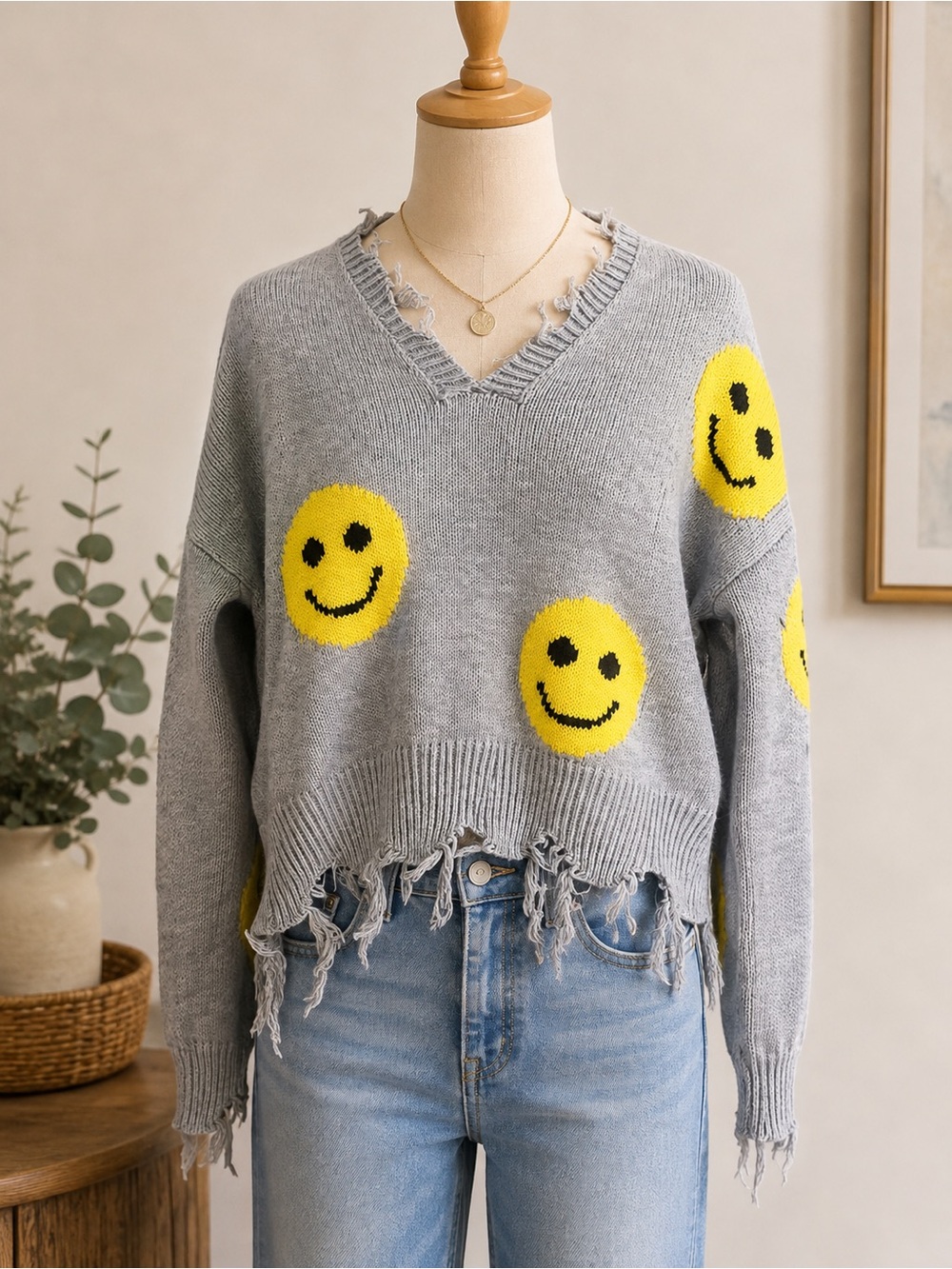 Gray Smiley Distressed V-Neck Sweater - Yellow Smiley Faces M